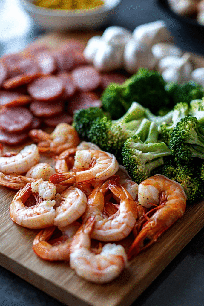 raw ingredients for honey garlic shrimp sausage and broccoli