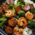 honey garlic shrimp, sausage, and broccoli in skillet