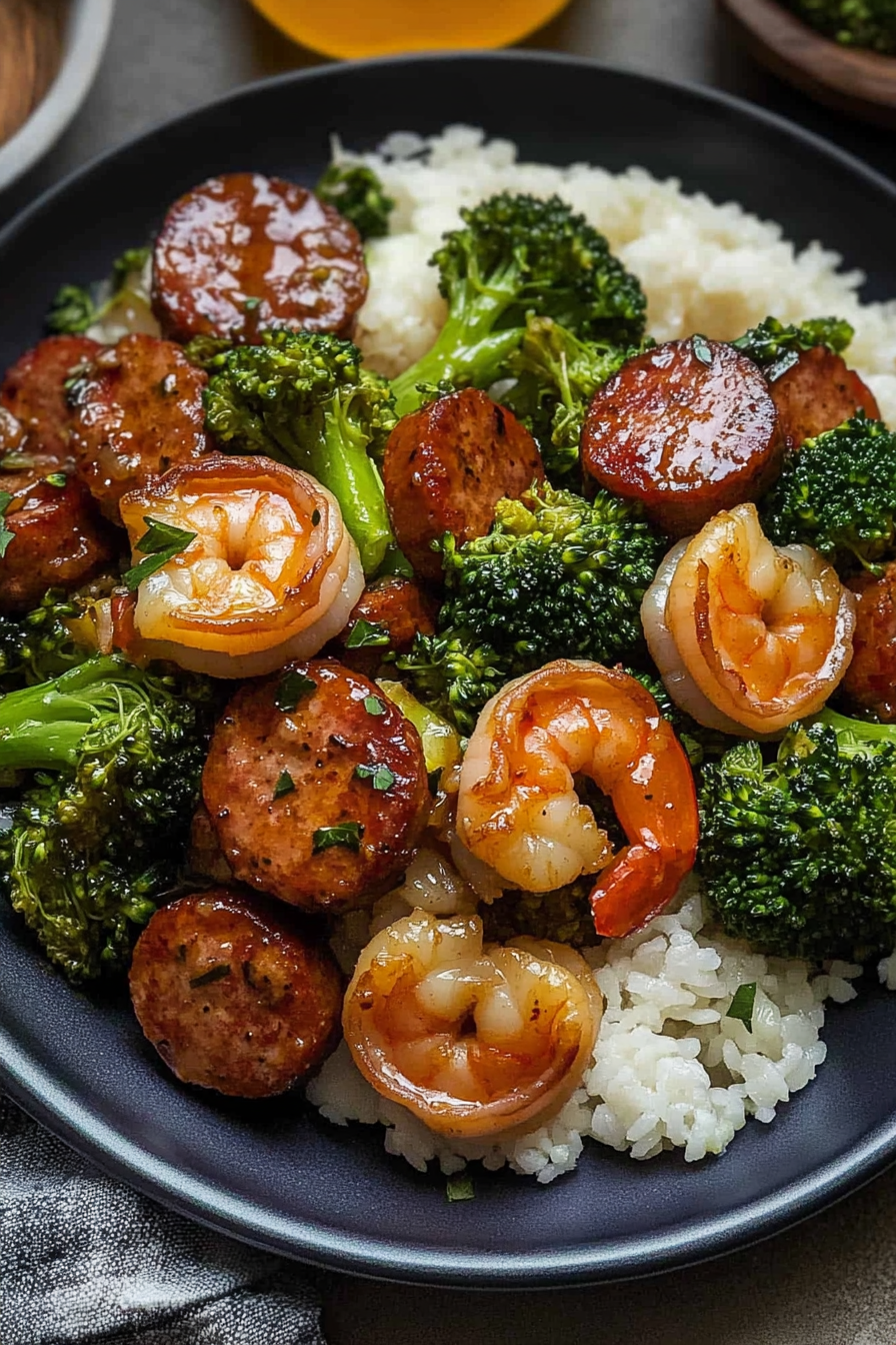 honey garlic shrimp, sausage, and broccoli in skillet
