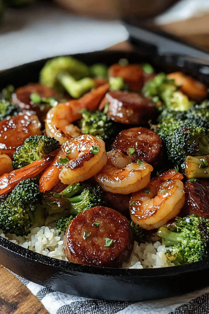 plated honey garlic shrimp sausage broccoli over rice
