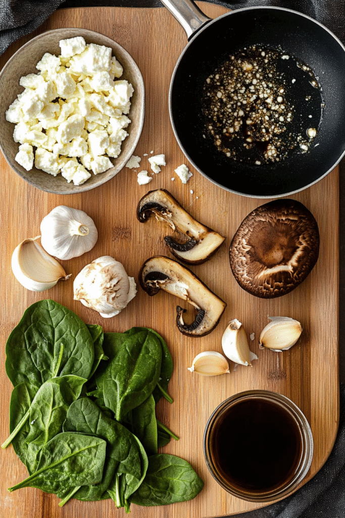 Ingredients for spinach and feta stuffed portobello mushrooms