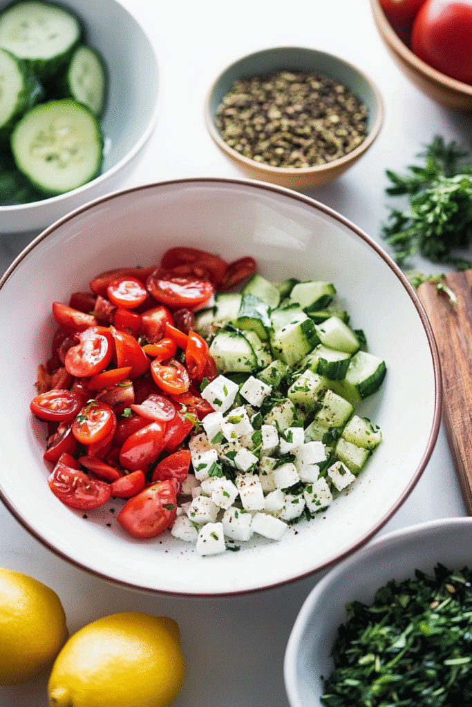 Ingredients for Greek Salad with Lemon-Herb Dressing