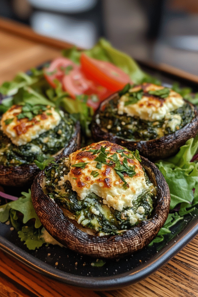 Spinach and feta stuffed portobello mushrooms with salad side