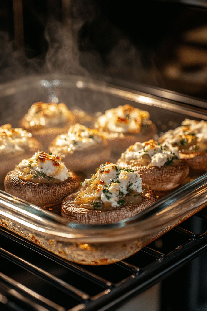 Baking spinach and feta stuffed portobello mushrooms in glass dish