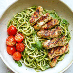 Zucchini noodles with pesto and grilled chicken