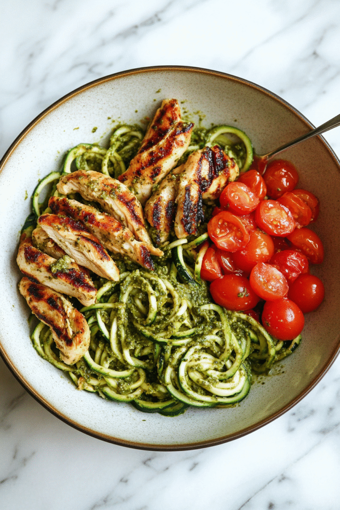 Zucchini noodles with pesto and cherry tomatoes on a platter