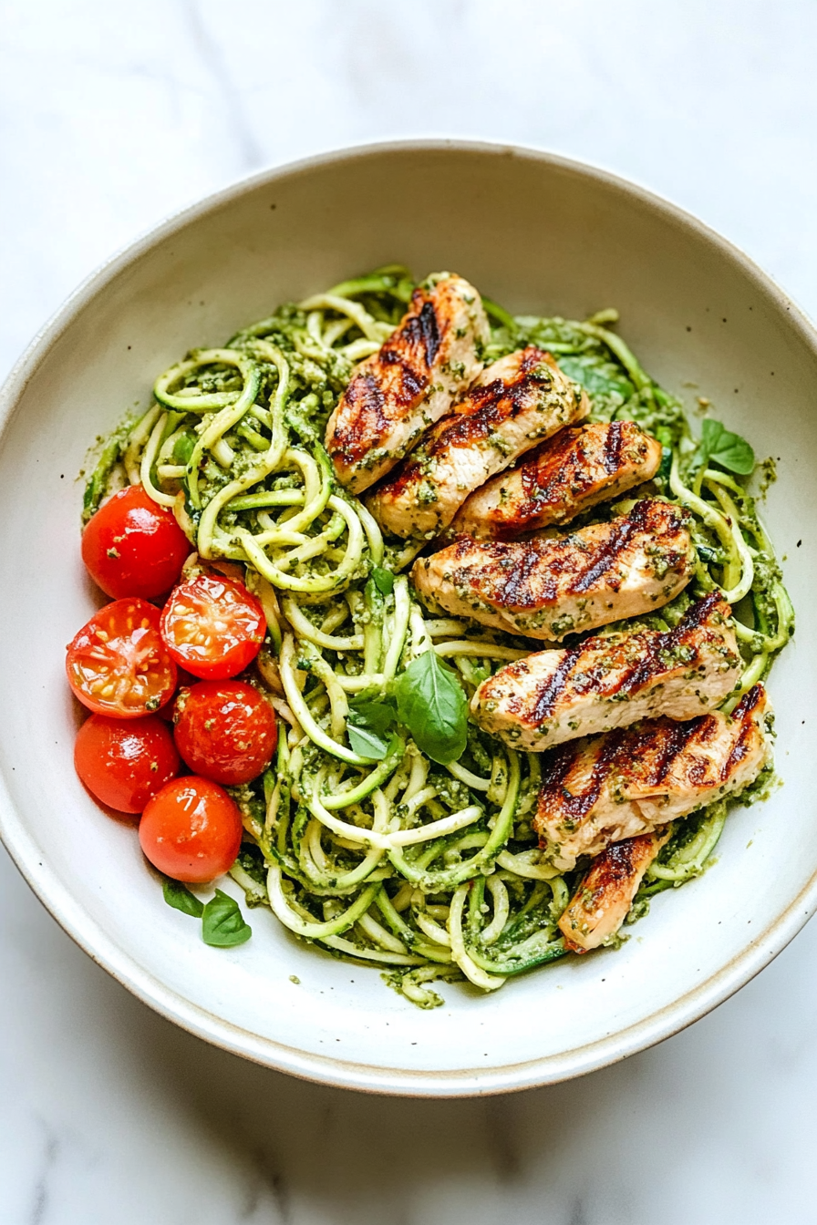 Zucchini noodles with pesto and grilled chicken