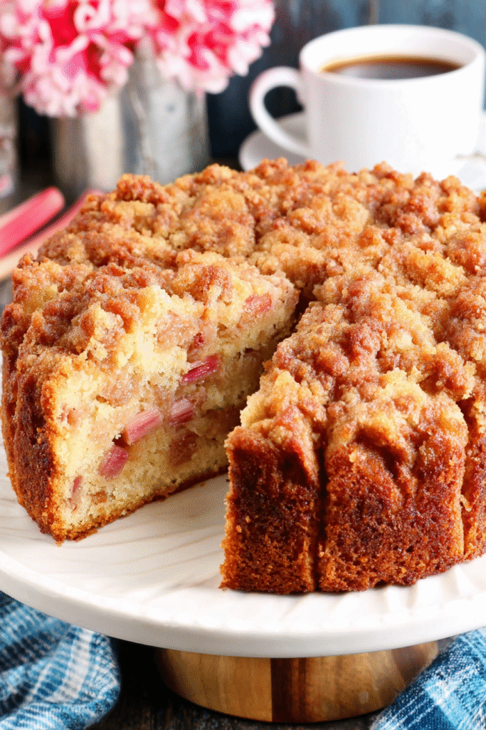 Double Crumb Rhubarb Coffee Cake served
