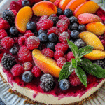 Finished berry and peach cheesecake on stand