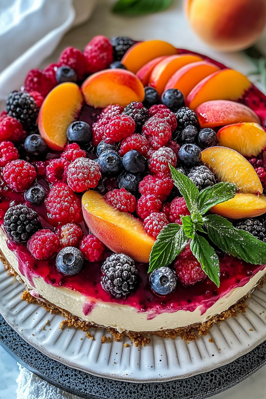 Finished berry and peach cheesecake on stand