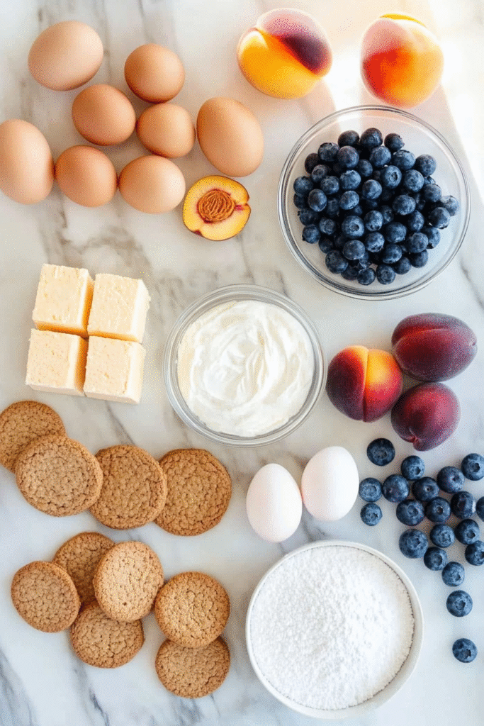 Cheesecake ingredients including peaches and blueberries
