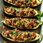 Mediterranean Stuffed Zucchini Boats with Turkey Sausage and Sun-Dried Tomatoes