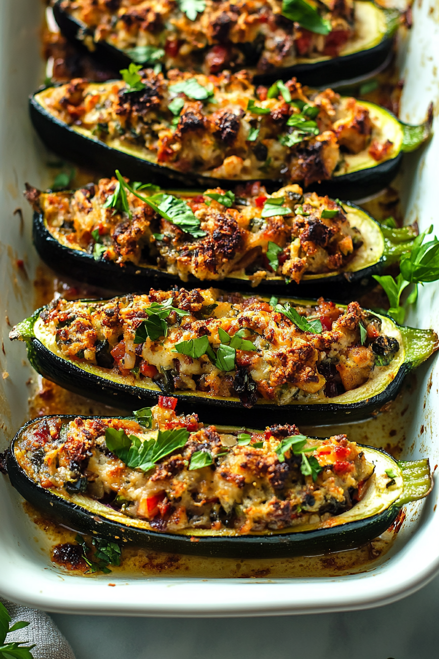 Mediterranean Stuffed Zucchini Boats with Turkey Sausage and Sun-Dried Tomatoes