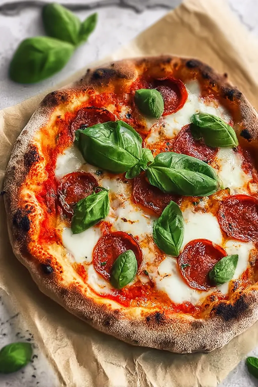 Freshly Baked Neapolitan Pizza with Basil and Tomatoes
