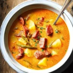 Delicious Spanish Potato Soup with Chorizo in a Bowl