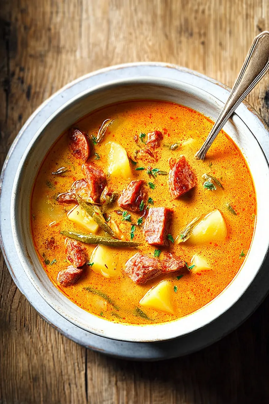 Delicious Spanish Potato Soup with Chorizo in a Bowl