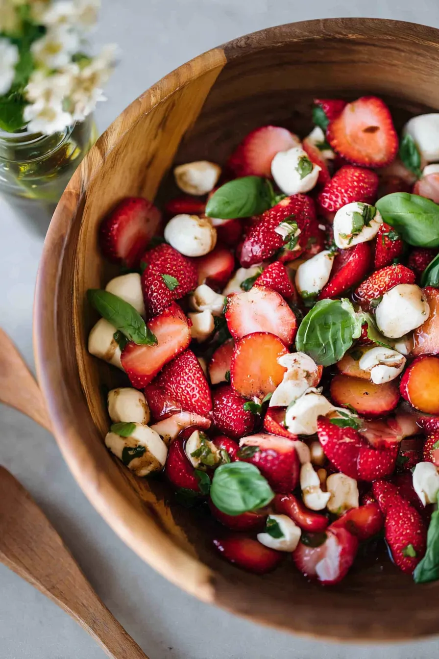 Strawberry Caprese Salad Plated with Fresh Basil